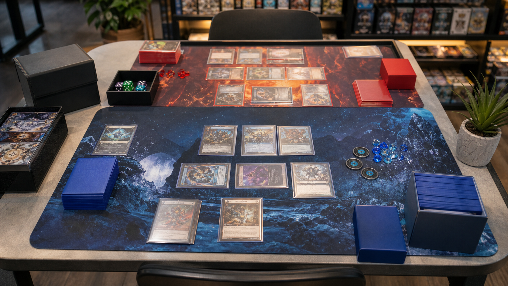 Trading card league play setup with playmats and deck boxes