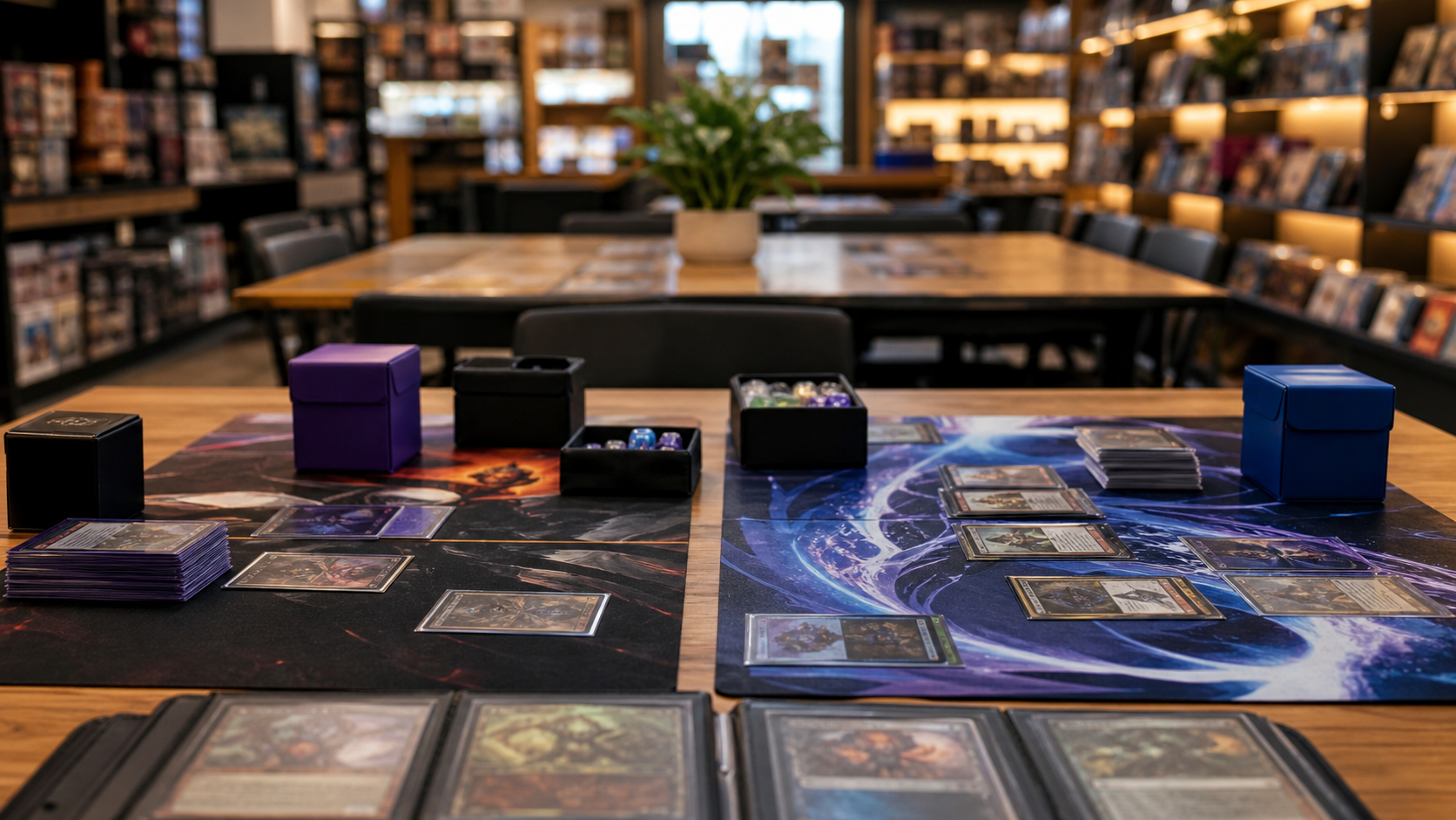 Trading card social club setup with cards and deck boxes