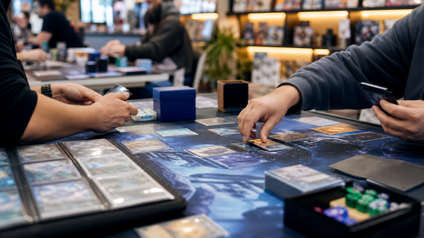 TCG Social Club med kort, sleeves og deckbokser på bordet